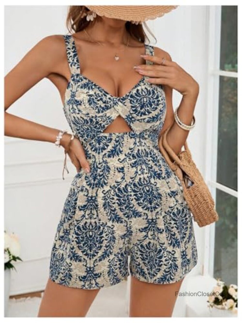 Cut Out Twist V Neck Sleeveless High Waisted Boho Shorts Jumpsuit Romper - Picture 4 of 5